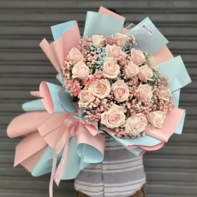 Bó hoa hồng kem 18 bông mix baby xanh, baby hồng - tặng sinh nhật