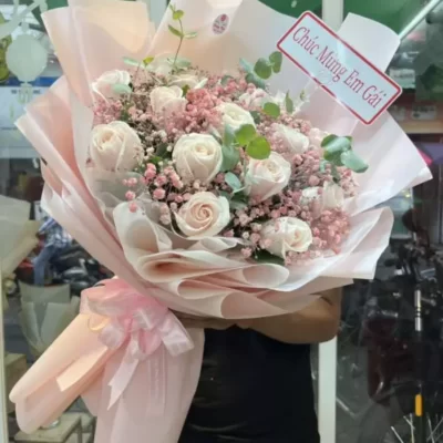 Bó hoa hồng pastel mix hoa baby hồng tặng sinh nhật phái nữ