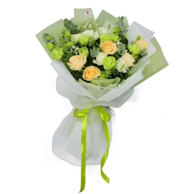 Bó hoa hồng trứng gà, hồng trắng, cát tường nhật, baby, lá và phụ liệu