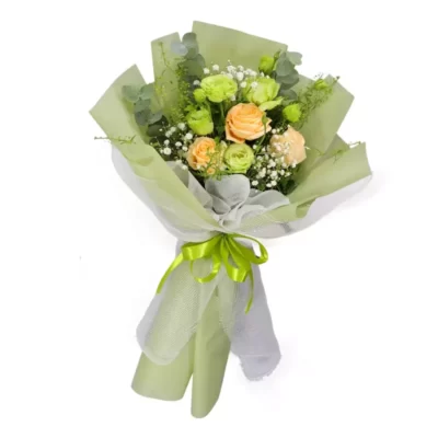 Bó hoa cát tường- hồng trứng gà mix cát tường, baby, lá và phụ liệu