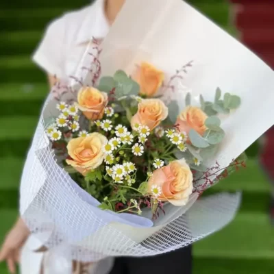 Bó hoa hồng cam đất 5 bông mix cúc tanana tặng sinh nhật ý nghĩa