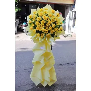 Kệ khai trương đồng tiền mix hồng vàng, lá và phụ liệu