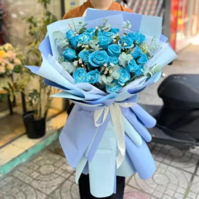 Bó hoa hồng xanh 25 bông mix thanh liễu tặng sinh nhật ý nghĩa