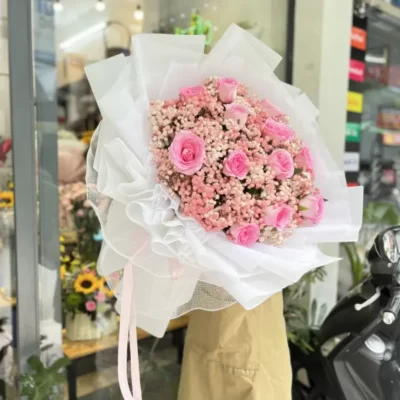 Bó hoa hồng lạc thần mix baby hồng tặng chúc mừng