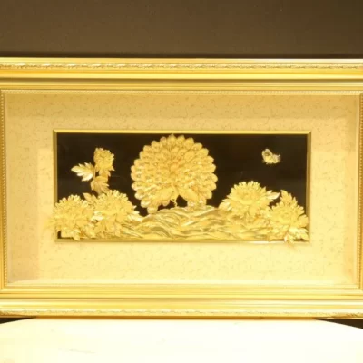 Tranh chim công, hoa mẫu đơn vàng lá 24k