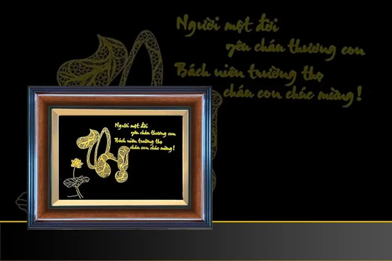 Tranh chữ “Thọ” thư pháp mạ vàng 24k