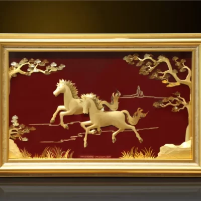 Tranh song Mã (đôi ngựa) vàng lá 24k