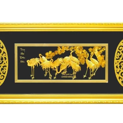 Tranh tùng hạc diên niên vàng lá 24k