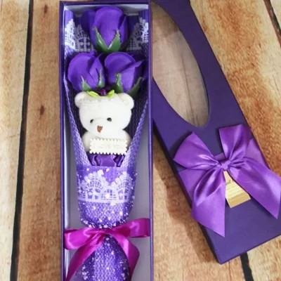Hoa hồng sáp 3 bông kèm gấu